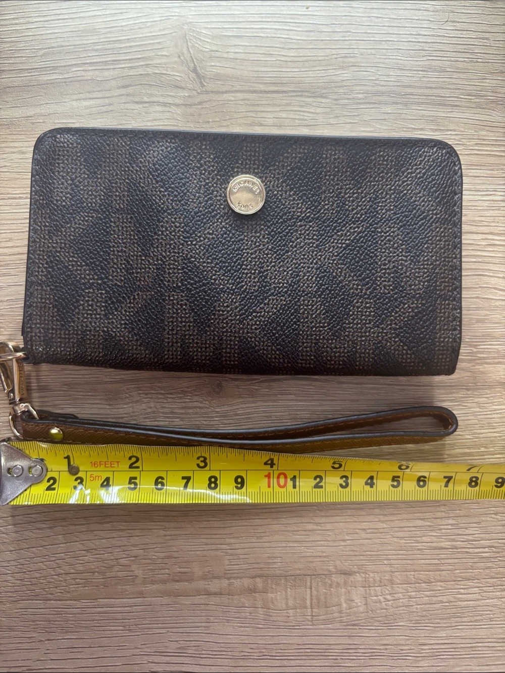 Michael Kors Brown MK Signature Zip-Around Wristlet Wallet with Gold Medallion